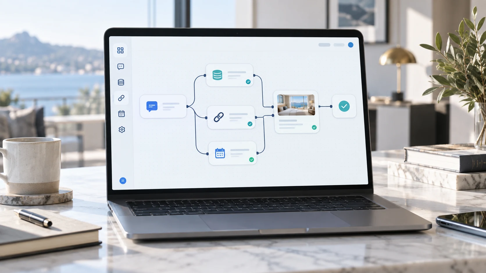 Hospitality service dashboard connecting guest conversations, reservations, and automated workflow steps